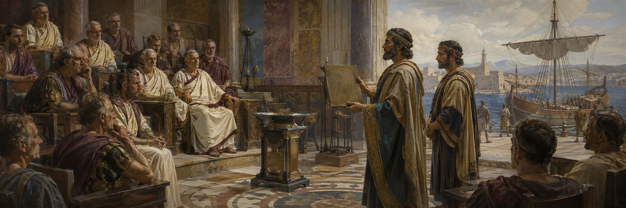 Judean envoys present a blank bronze treaty tablet to Roman senators after a long Mediterranean voyage